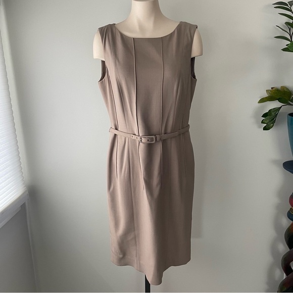 Lafayette 148 New York Luxury Belted Sleeveless Midi Sheath Dress Tan Size 10 - Picture 1 of 11